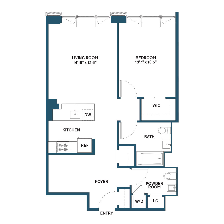 Floor plan for 1 bed, 1.5 baths, 863 sqft